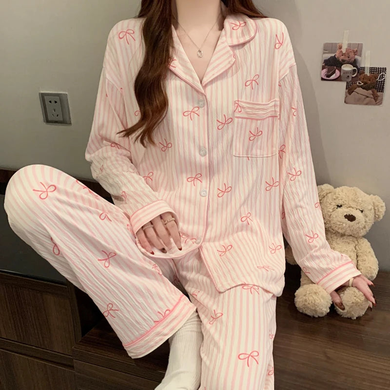 Tailored Knit Long Pyjama Set with Fine Piping