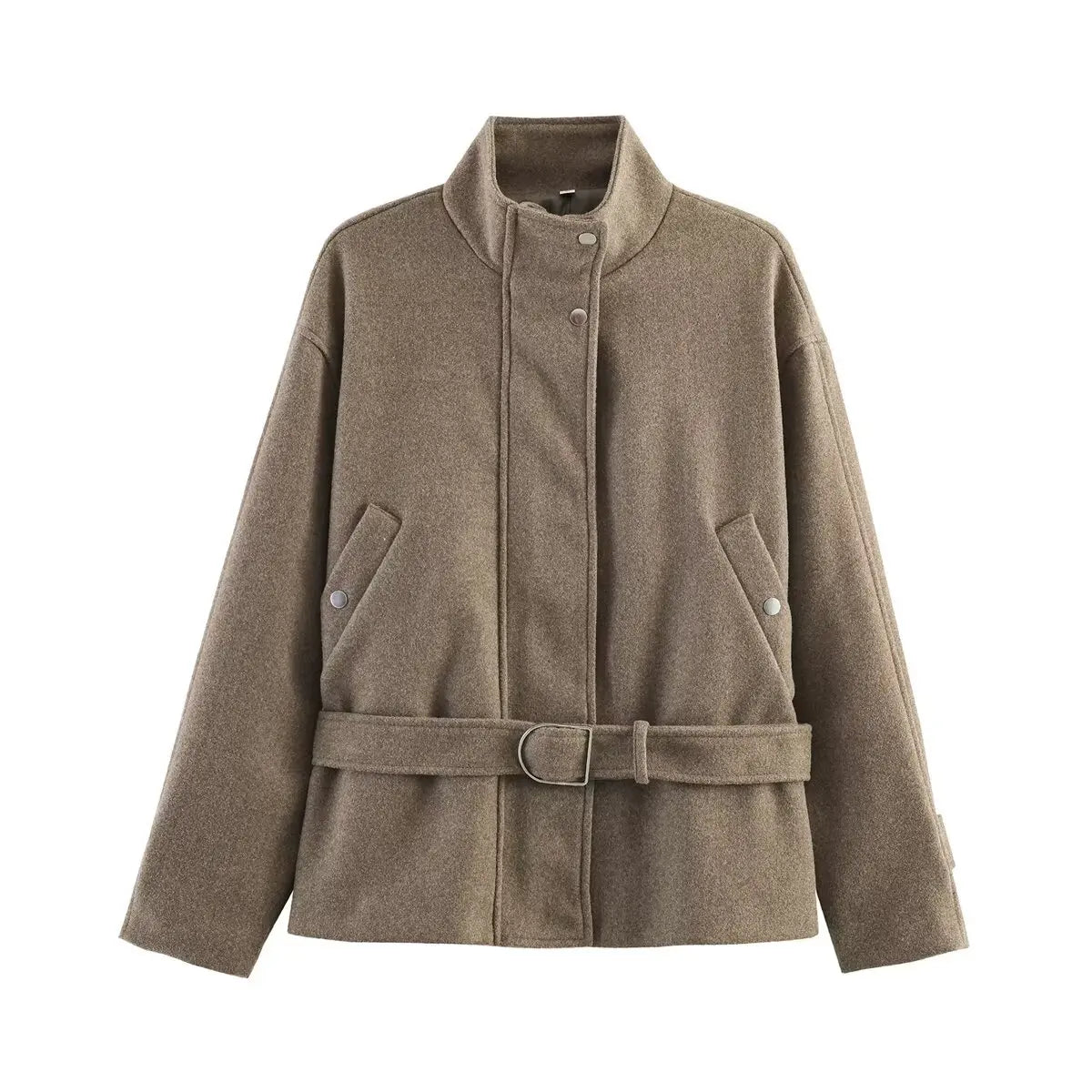 Belted High-Neck Wool Blend Jacket
