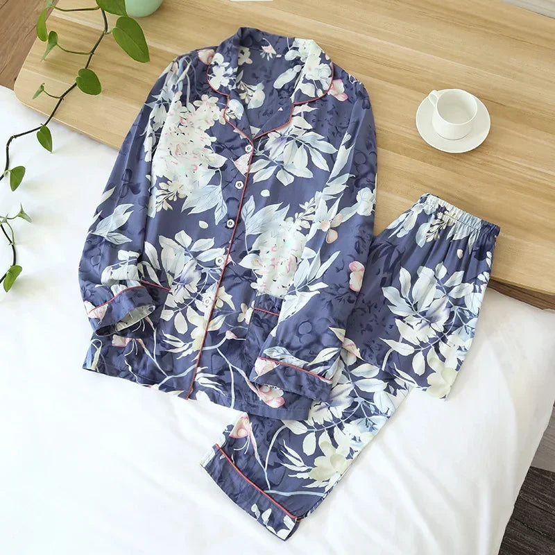 Satin-Finish Long Pyjama Set with Fine Piping