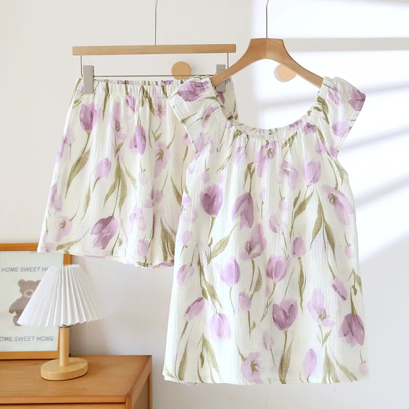 Crêpe-Textured Flutter-Sleeve Pyjama Set