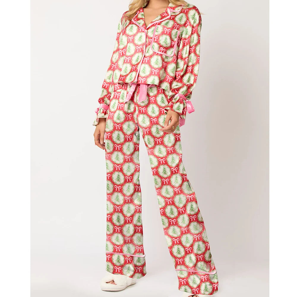 Satin-Finish Tailored Pyjama Set with Flounced Cuffs