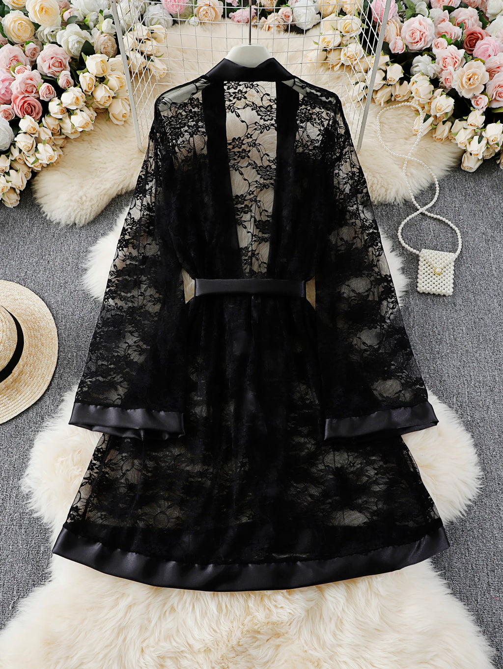 Sheer Lace Dressing Gown with Satin Borders