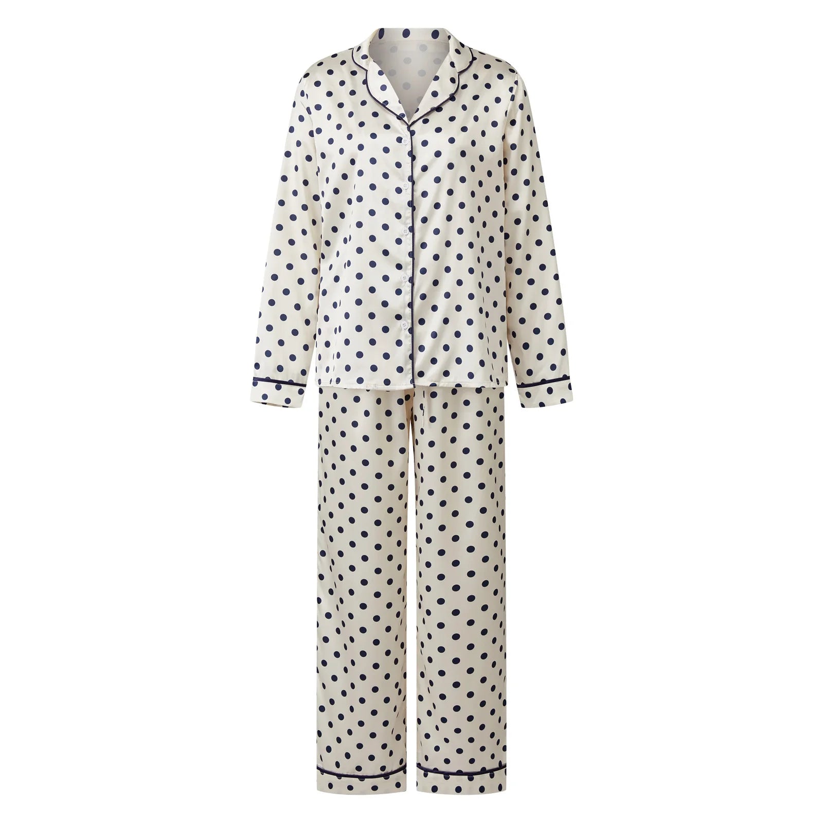 Satin-Finish Long Pyjama Set with Structured Piping