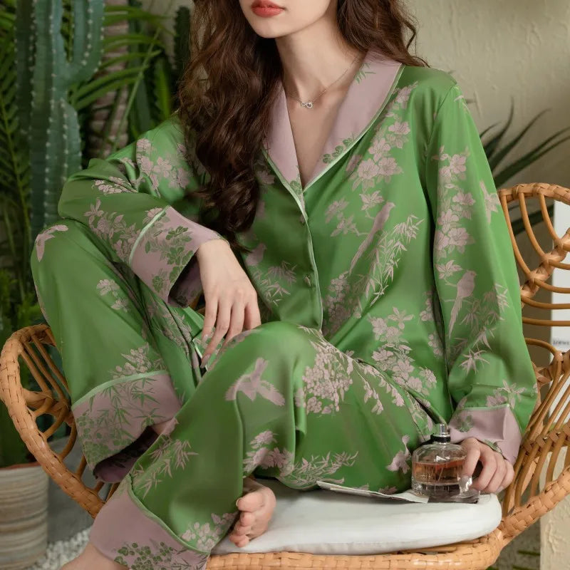 Satin-Finish Long-Sleeved Pyjama Set with Contrast Panelling