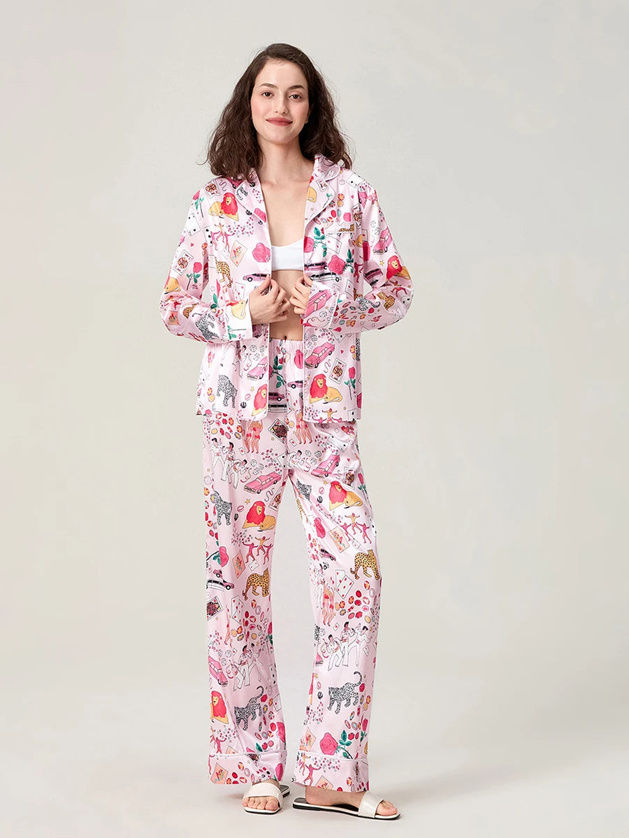 Satin-Finish Long-Sleeved Pyjama Set with Tailored Piping