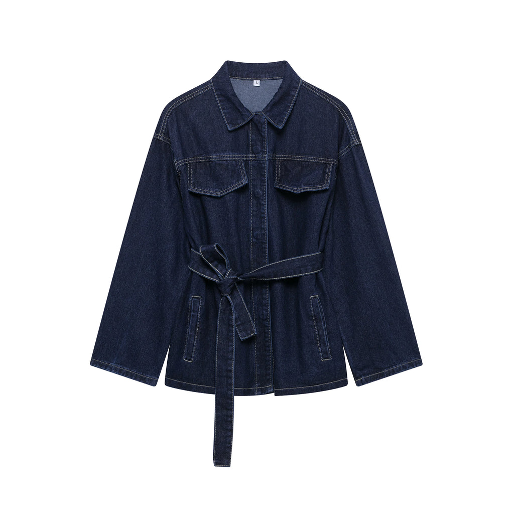 Belted Denim Safari Jacket and Wide-Leg Trouser Set
