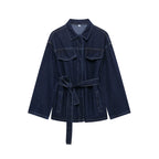 Belted Denim Safari Jacket and Wide-Leg Trouser Set