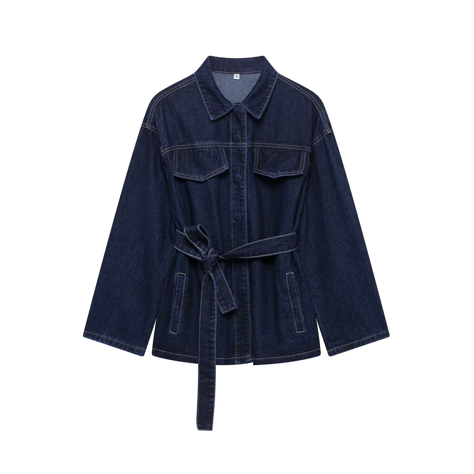 Belted Denim Safari Jacket and Wide-Leg Trouser Set
