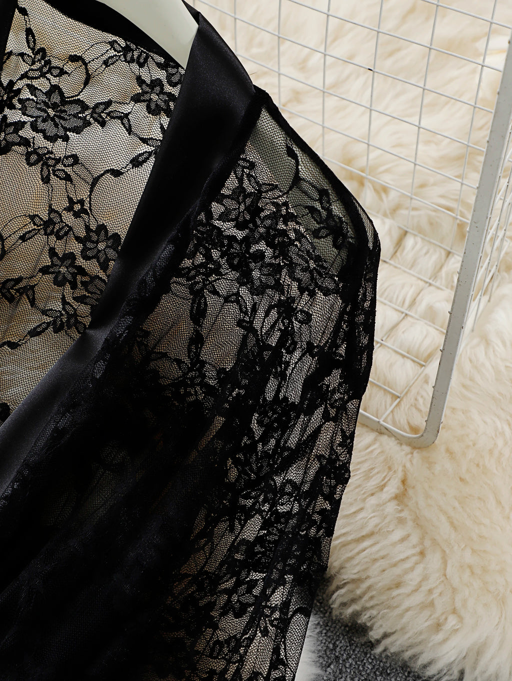 Sheer Lace Dressing Gown with Satin Borders