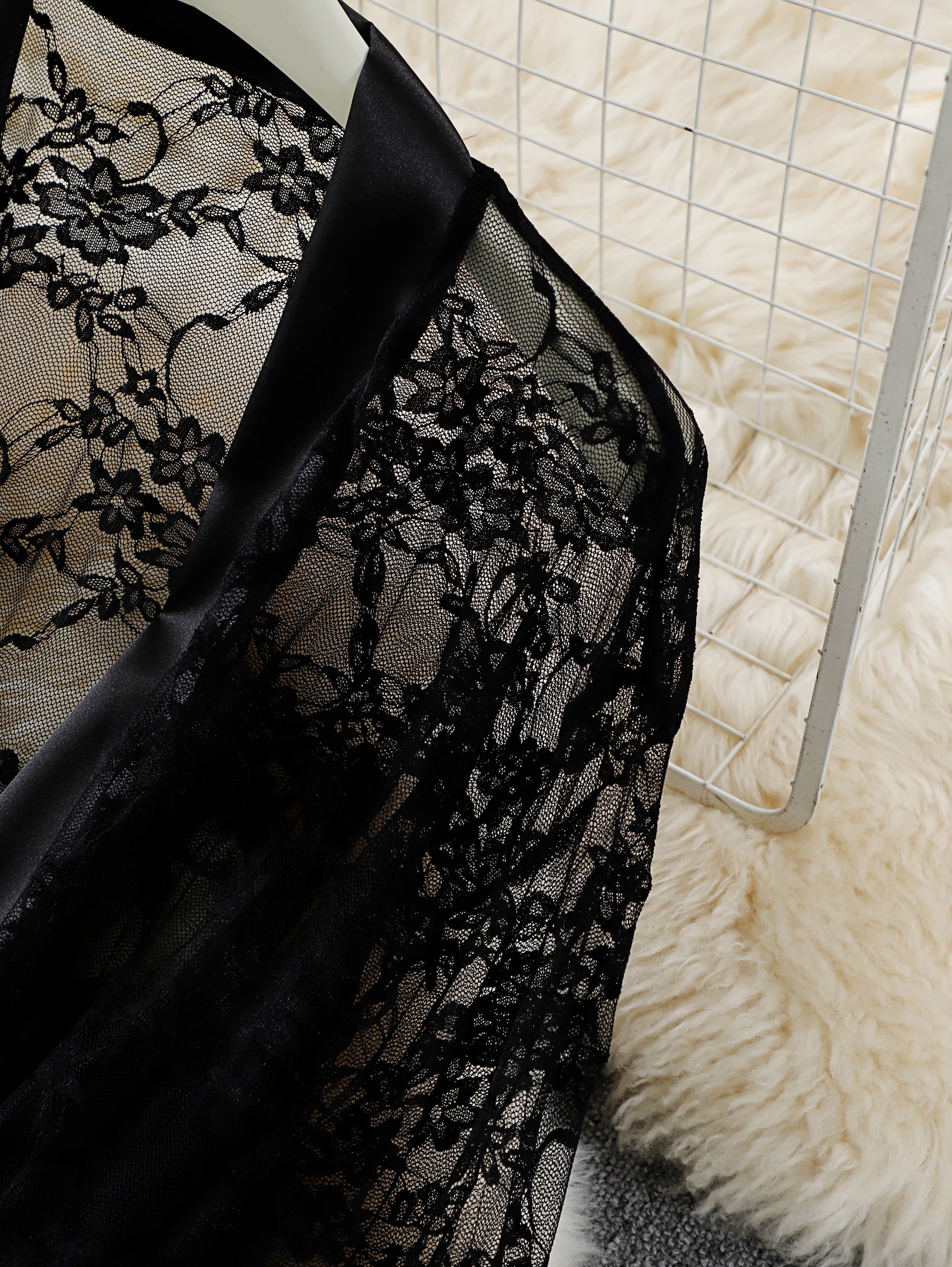 Sheer Lace Dressing Gown with Satin Borders