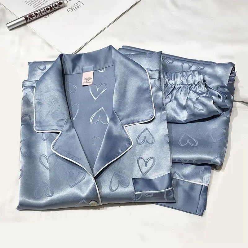 Satin-Finish Long-Sleeved Pyjama Set with Fine Piping