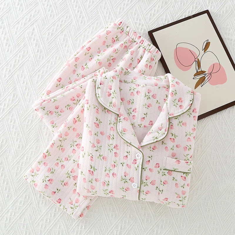 Textured Muslin Long Pyjama Set with Elegant Piping