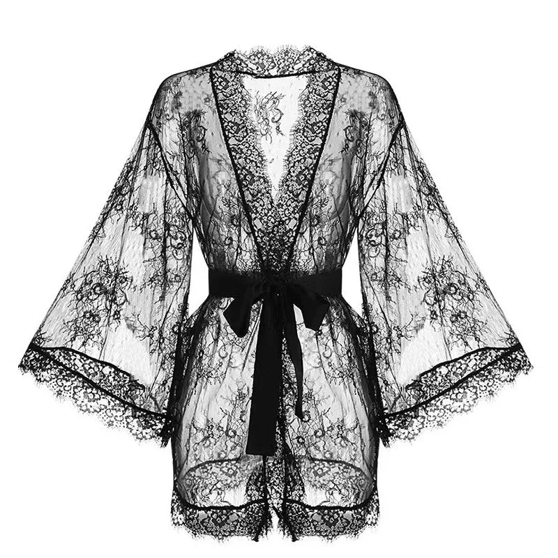 Eyelash Lace Dressing Gown with Satin Sash