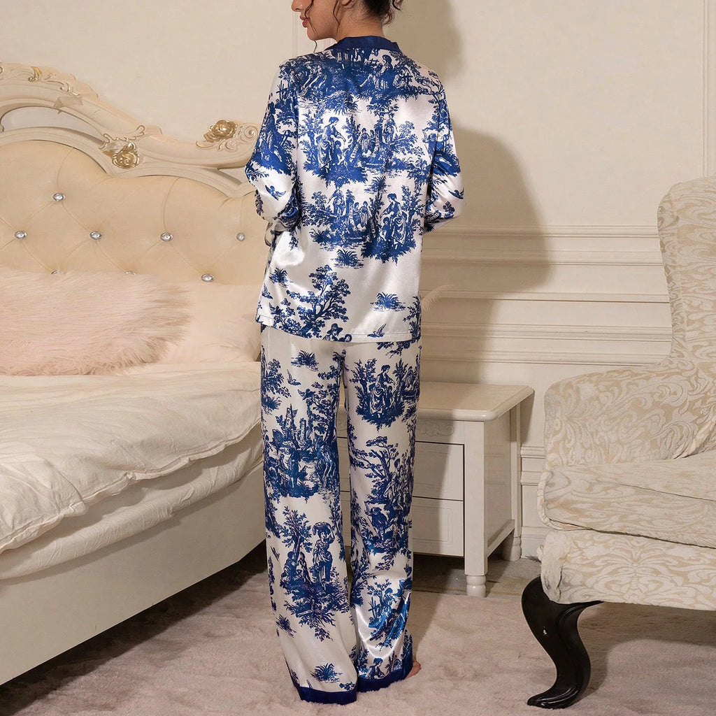 Satin-Finish Long-Sleeved Pyjama Set with Contrast Panelling