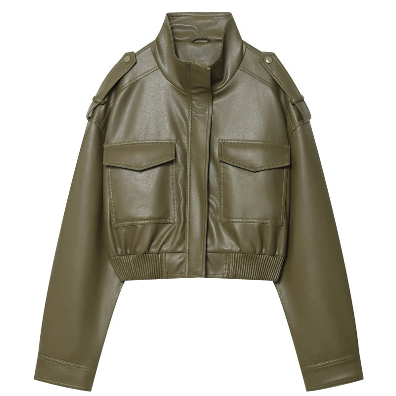Cropped Faux-Leather Utility Bomber in Olive