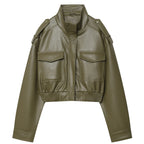 Cropped Faux-Leather Utility Bomber in Olive