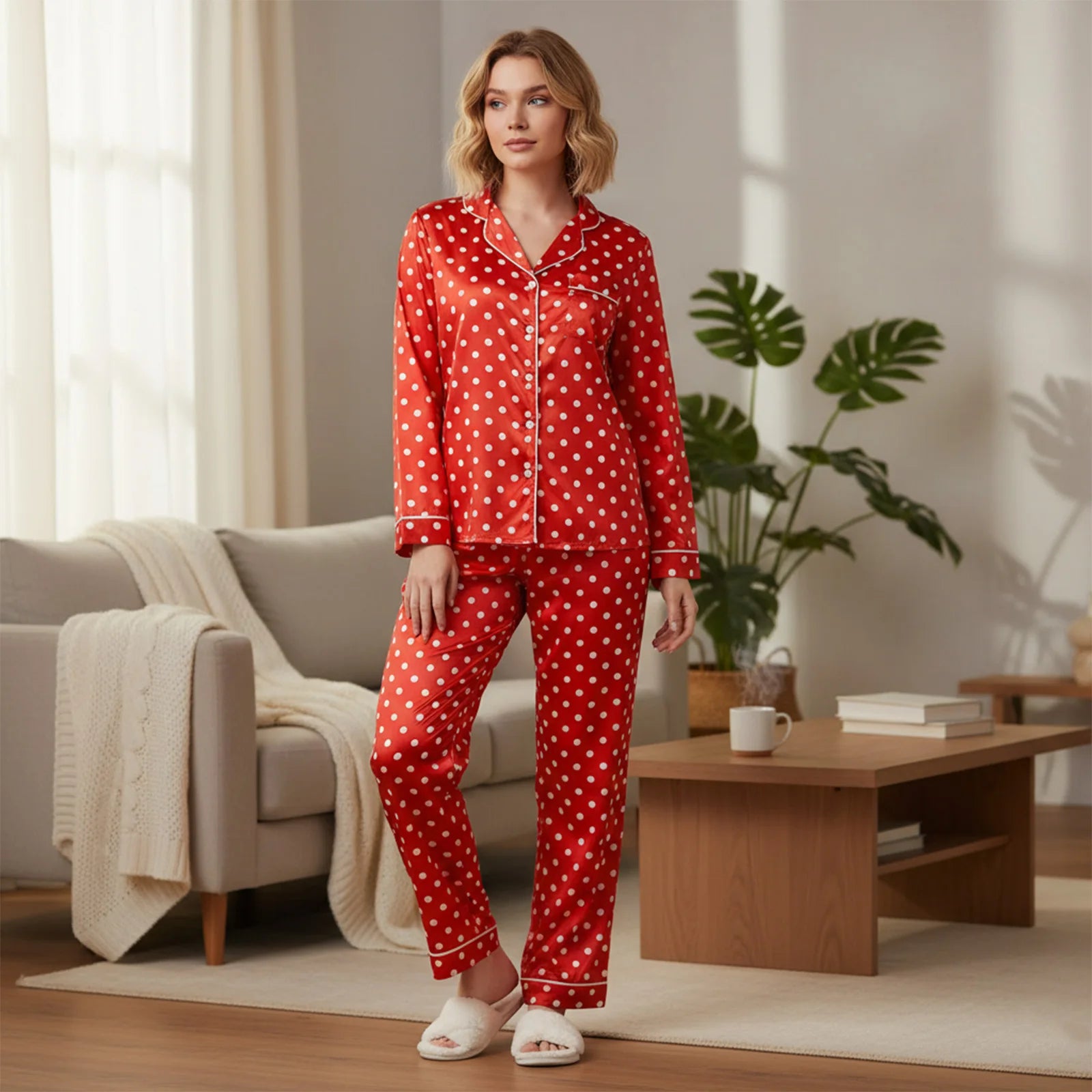 Satin-Finish Long Pyjama Set with Structured Piping