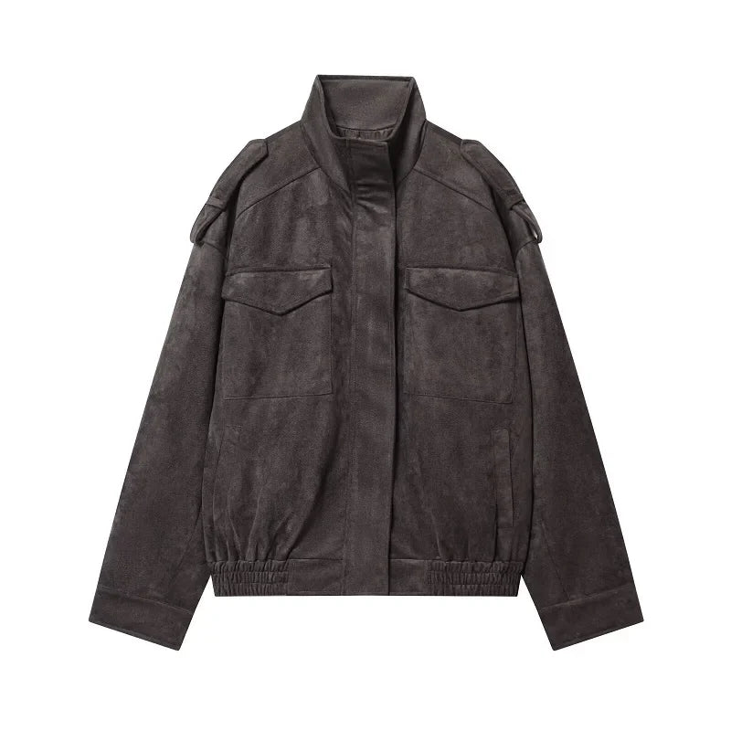 Suede-Effect Oversized Bomber Jacket