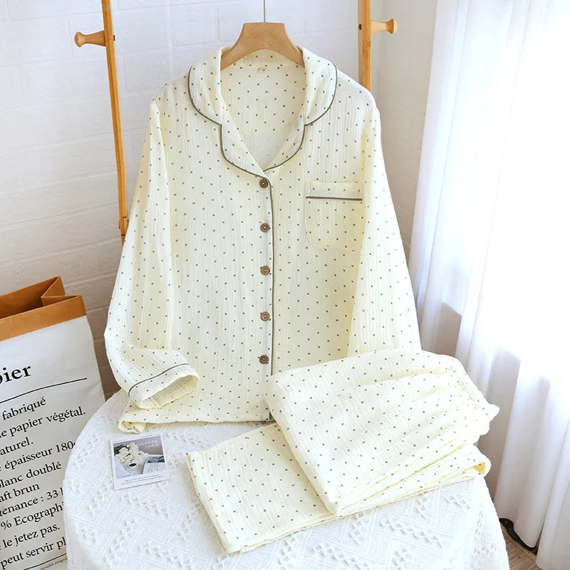 Textured Cotton-Gauze Long Pyjama Set with Fine Piping