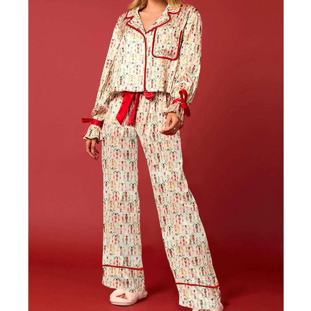 Satin-Finish Tailored Pyjama Set with Flounced Cuffs