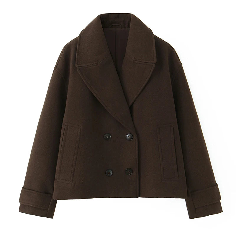 Double-Breasted Short Wool Blend Coat with Cuff Tabs