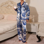 Satin-Finish Long-Sleeved Pyjama Set with Contrast Panelling