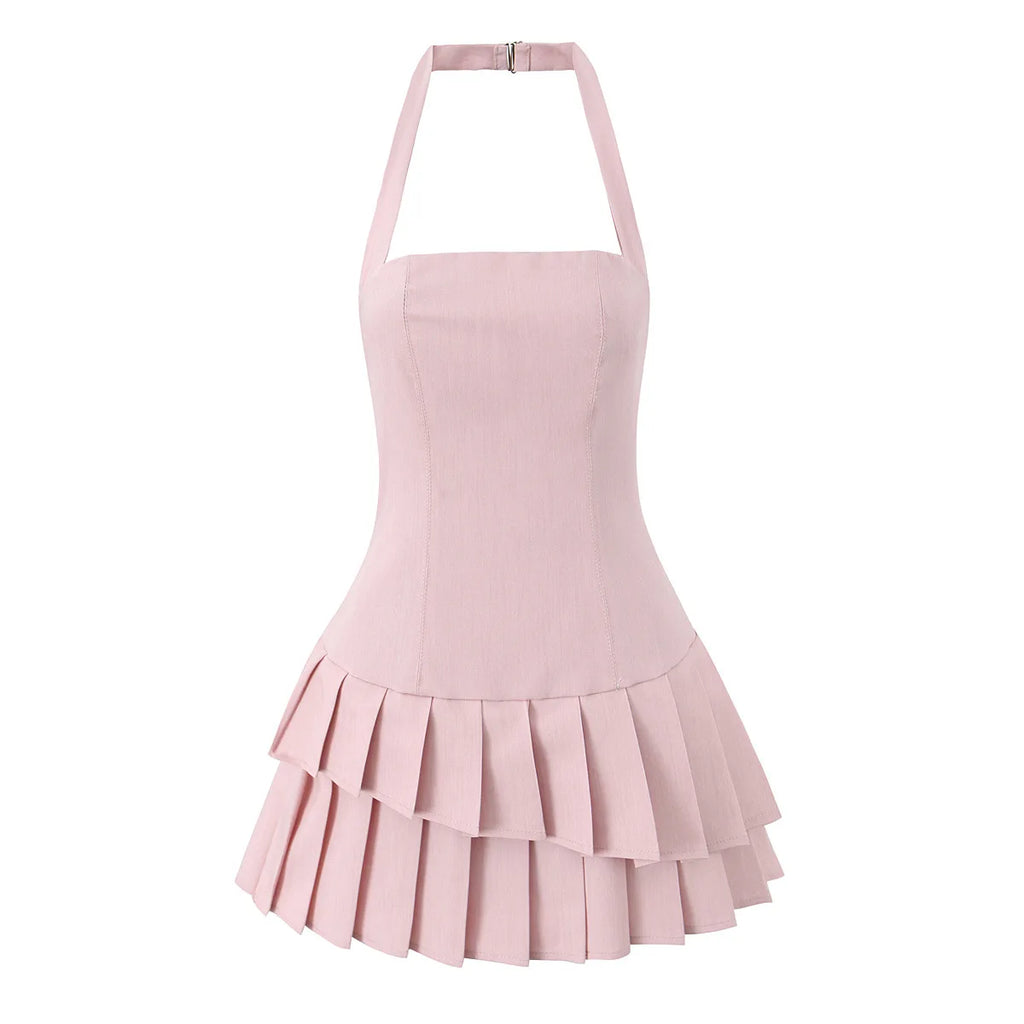 Halter Tiered-Pleated Mini Dress