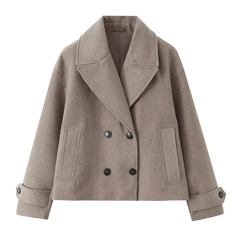 Double-Breasted Short Wool Blend Coat with Cuff Tabs
