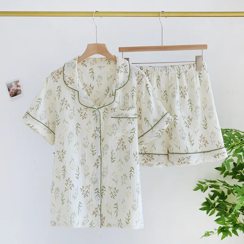Crêpe-Textured Short Pyjama Set with Contrast Piping