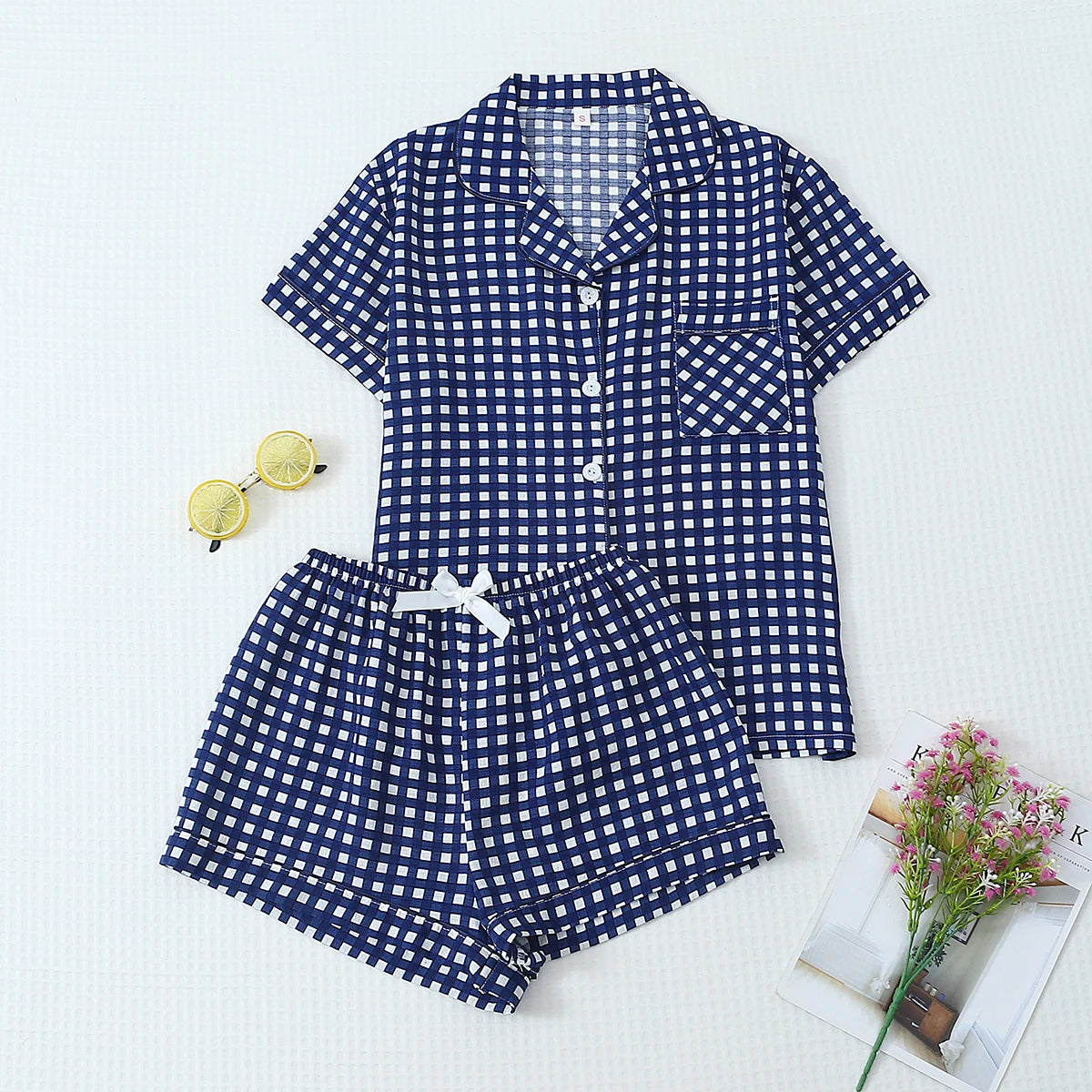 Textured Cotton-Gauze Short Pyjama Set with Ribbon Detail(ok)