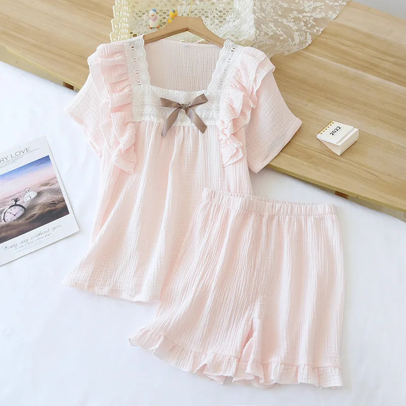 Textured Cotton-Gauze Pyjama Set with Lace Trim and Ruffled Edges(ok)