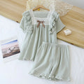 Textured Cotton-Gauze Pyjama Set with Lace Trim and Ruffled Edges(ok)