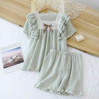 Textured Cotton-Gauze Pyjama Set with Lace Trim and Ruffled Edges(ok)