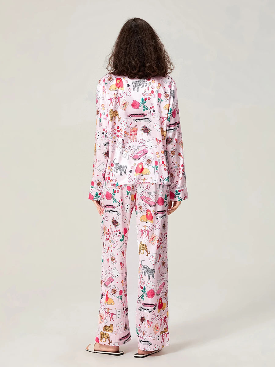 Satin-Finish Long-Sleeved Pyjama Set with Tailored Piping