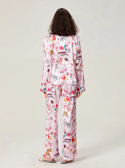 Satin-Finish Long-Sleeved Pyjama Set with Tailored Piping