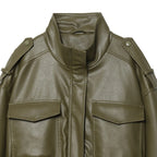 Cropped Faux-Leather Utility Bomber in Olive