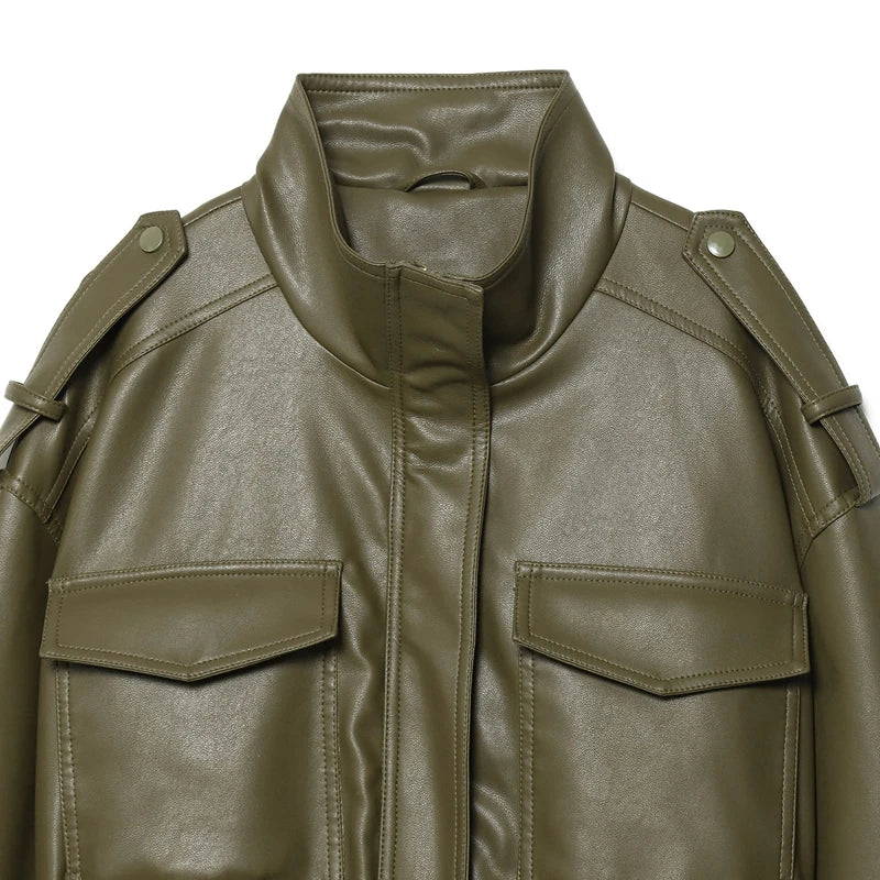 Cropped Faux-Leather Utility Bomber in Olive