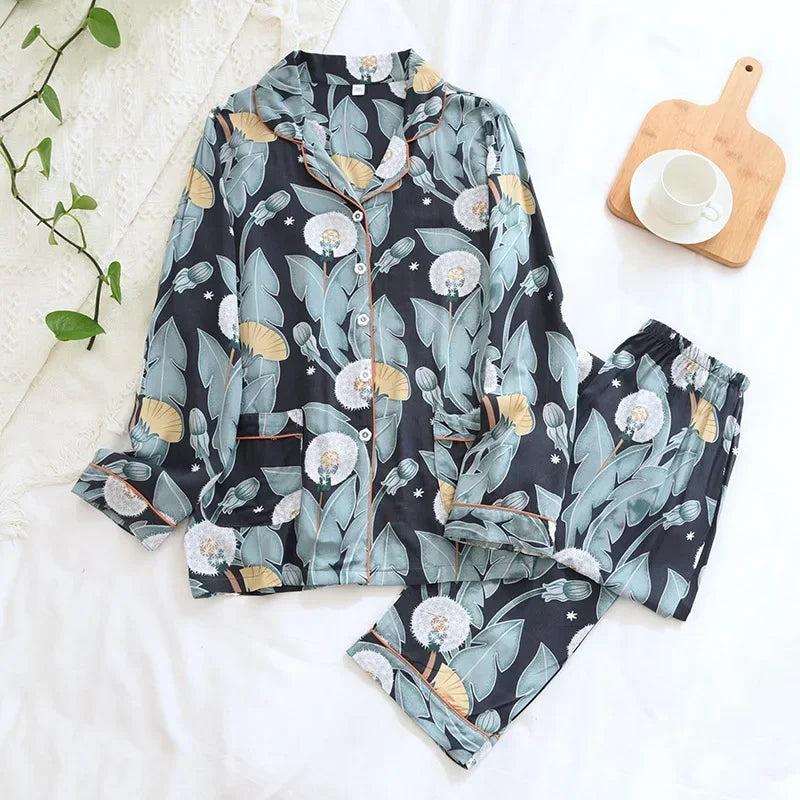 Satin-Finish Long Pyjama Set with Fine Piping