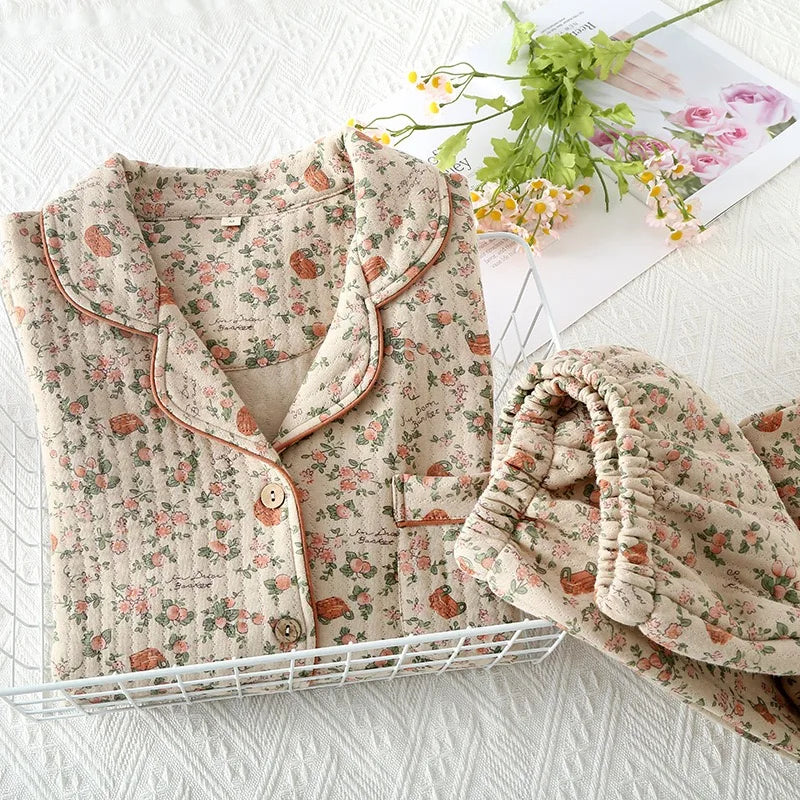 Textured Muslin Long Pyjama Set with Elegant Piping