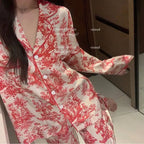 Satin-Finish Long-Sleeved Pyjama Set with Contrast Panelling