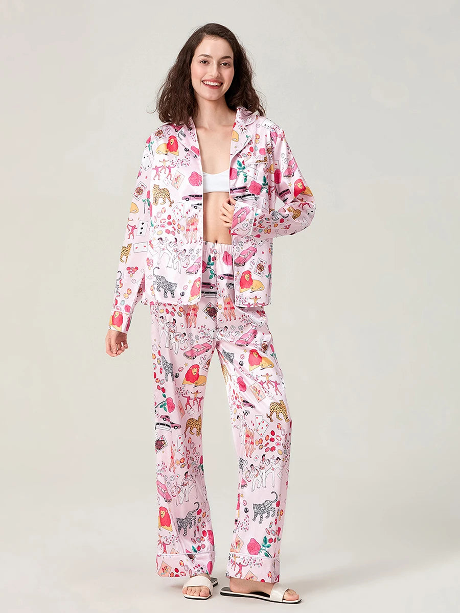 Satin-Finish Long-Sleeved Pyjama Set with Tailored Piping