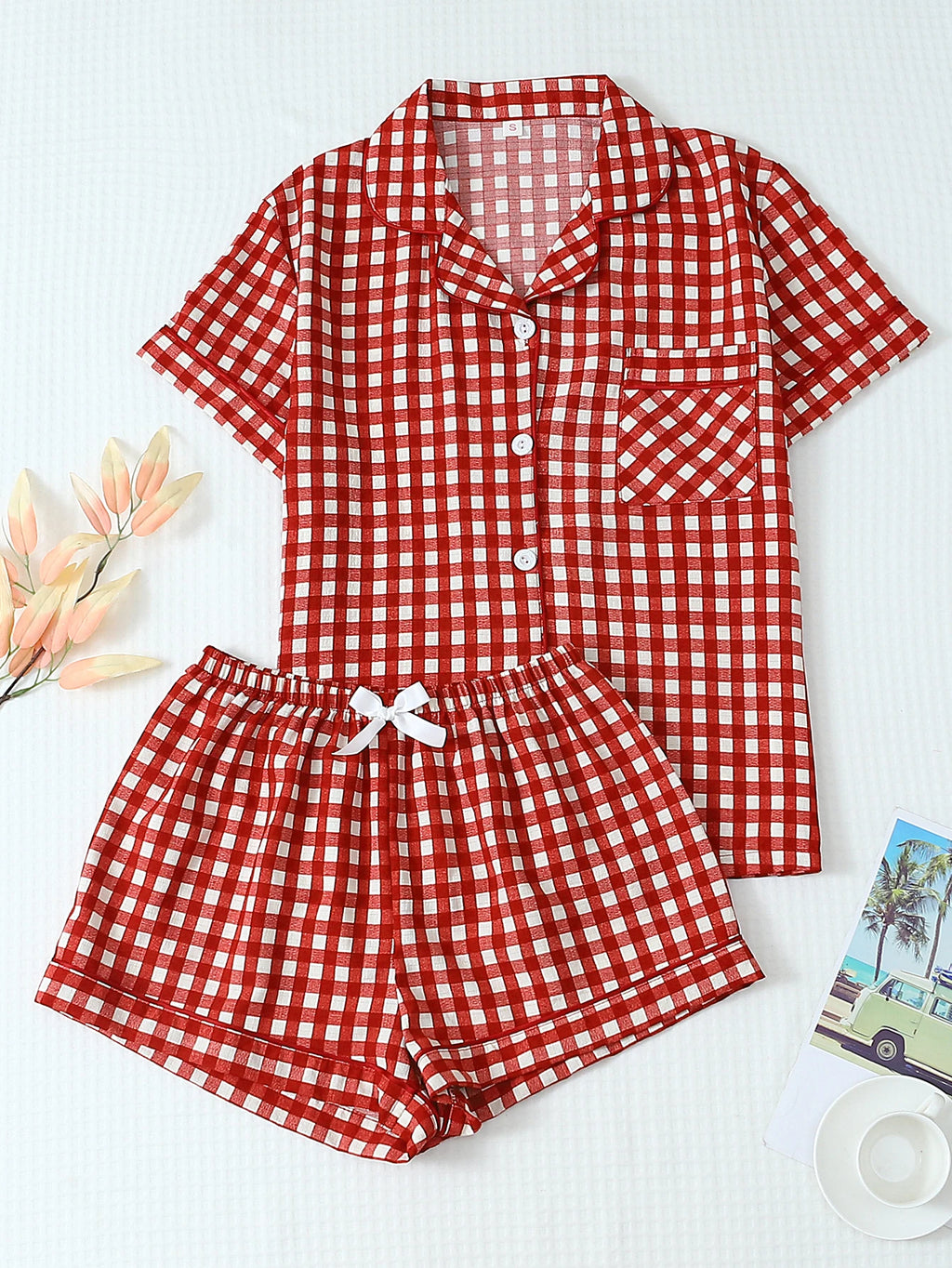 Textured Cotton-Gauze Short Pyjama Set with Ribbon Detail(ok)