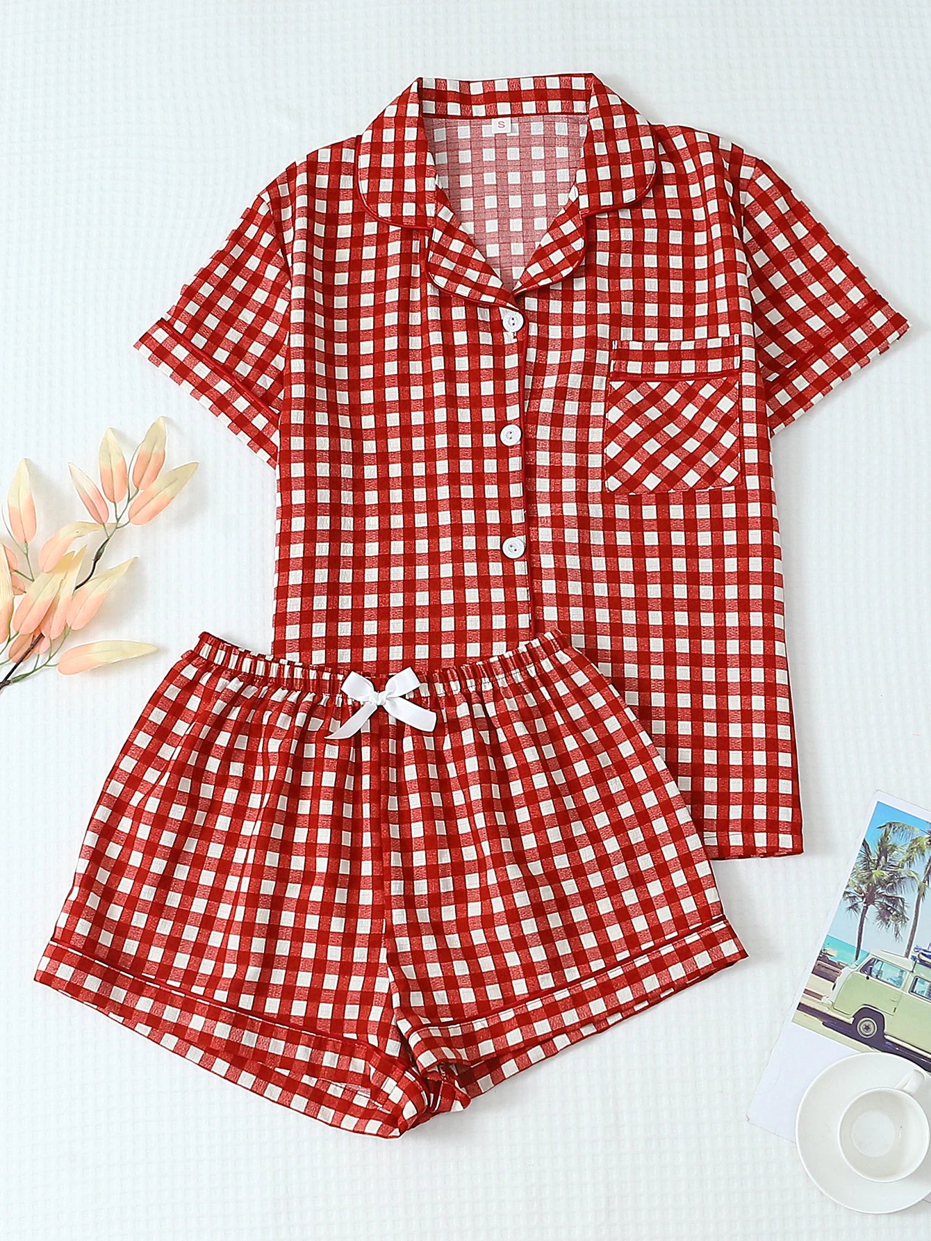 Textured Cotton-Gauze Short Pyjama Set with Ribbon Detail(ok)