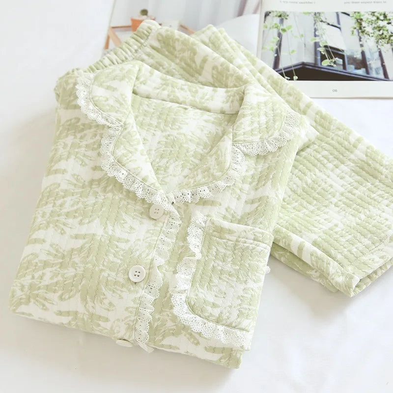 Textured Muslin Long Pyjama Set with Elegant Piping