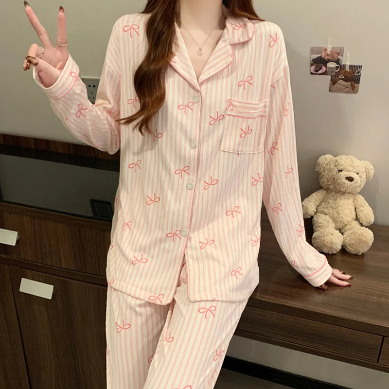 Tailored Knit Long Pyjama Set with Fine Piping