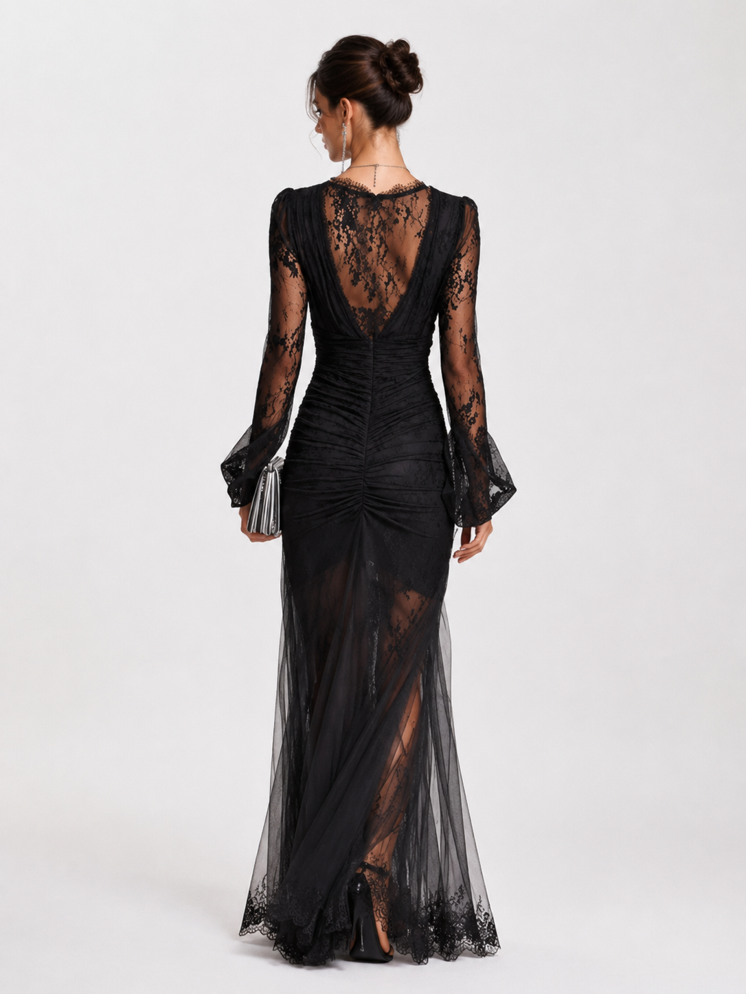 Lace V-Neck Long-Sleeve Evening Gown