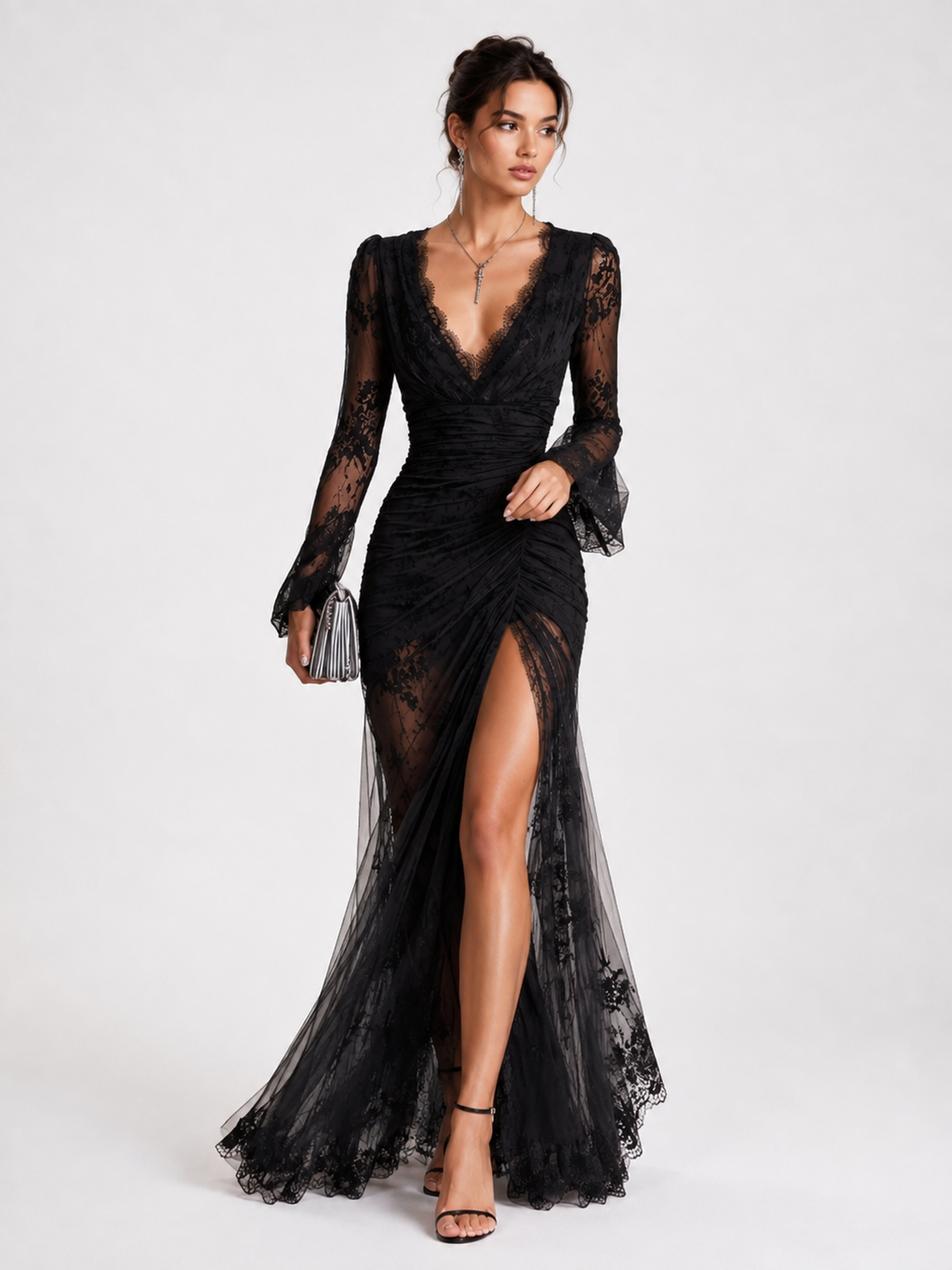 Lace V-Neck Long-Sleeve Evening Gown
