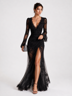 Lace V-Neck Long-Sleeve Evening Gown