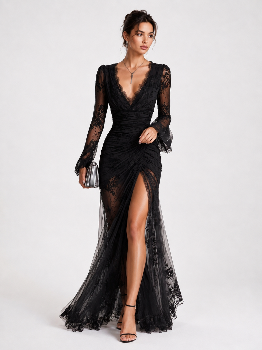 Lace V-Neck Long-Sleeve Evening Gown