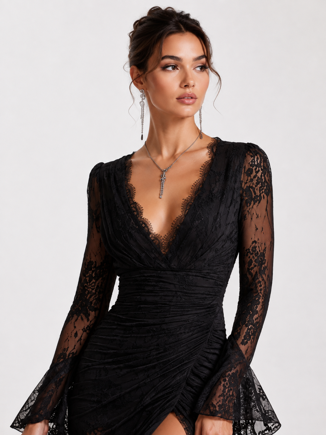 Lace V-Neck Long-Sleeve Evening Gown